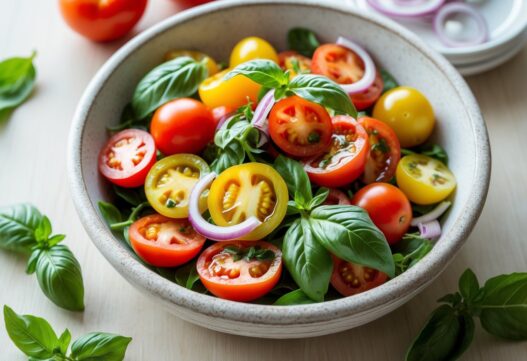 En farverig og indbydende tomatsalat med friske ingredienser, præsenteret på en hvid tallerken.